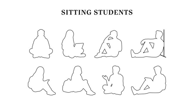 Top View Architectural CAD Blocks of Sitting Students Outline, Minimalist Line Art Vector Entourage Figures for Floor Plans, Urban Design, and Education Layouts