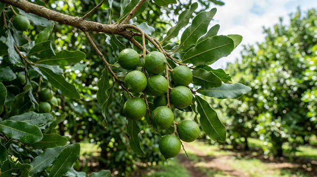 Green macadamia nuts growing on a tree branch in a lush farm background
