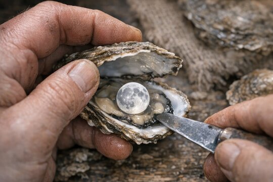A person holding a knife near an open oyster shell, potentially preparing to shuck the oyster