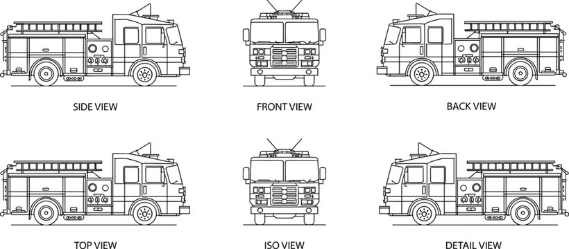 Fire truck blueprint vector set featuring side front back top iso and detail views for emergency vehicle design and planning