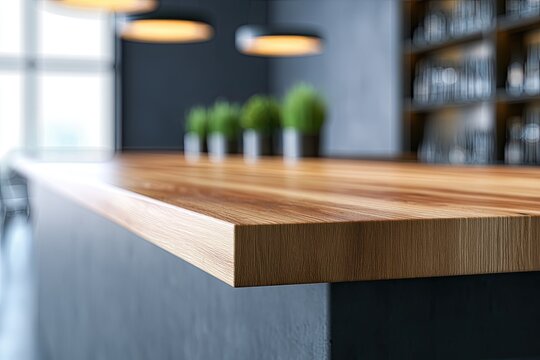 Warm, polished wood countertop in a modern setting, soft lighting above