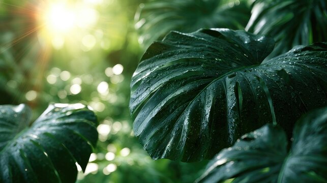 Lush tropical leaves glisten with dew under a warm, dappled sunlight