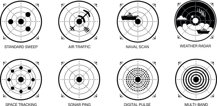 Radar and sonar screen interface icons collection featuring air traffic naval scan weather tracking space digital pulse and sonar ping displays