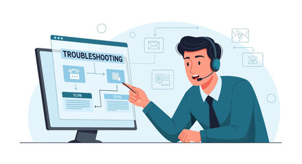Fototapeta premium Customer Support Specialist Explains Troubleshooting Flowchart on Monitor