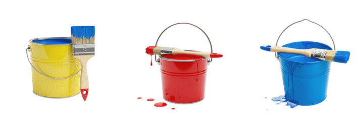 Creative PNG set of a red paint bucket with a brush resting over the edge and messy splatters isolated on white background for home renovation themes © Dangti