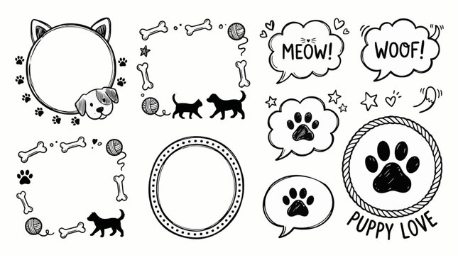 Cat dog pet frame, speech bubble cute set. Hand drawn sketch doodle line style animal pet frame design. Cat, dog paw cute talk speech bubble design. Puppy round footprint badge. Vector icons.


