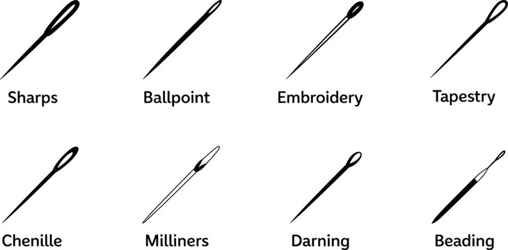 Professional sewing needle vector icon set including sharps ballpoint embroidery tapestry chenille milliners darning and beading types for tailoring craft projects