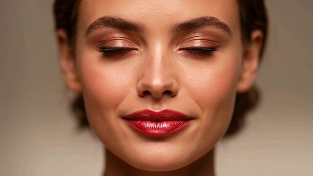 Pretty woman with red lips smiling for a kiss
