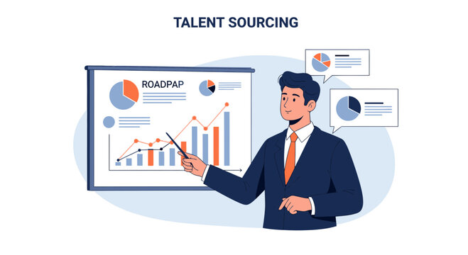 Business presentation on talent sourcing with growth charts and data analysis
