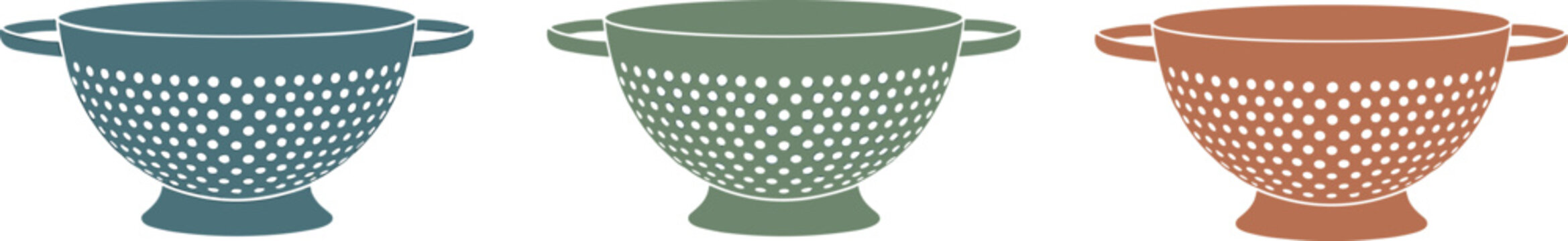 Set of three colorful kitchen colander vector icons for food preparation straining and draining vegetables in professional culinary cooking designs