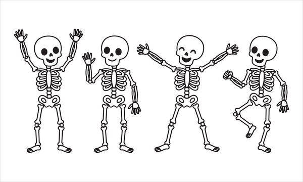 Four skeletons dancing different poses in black outline on white background