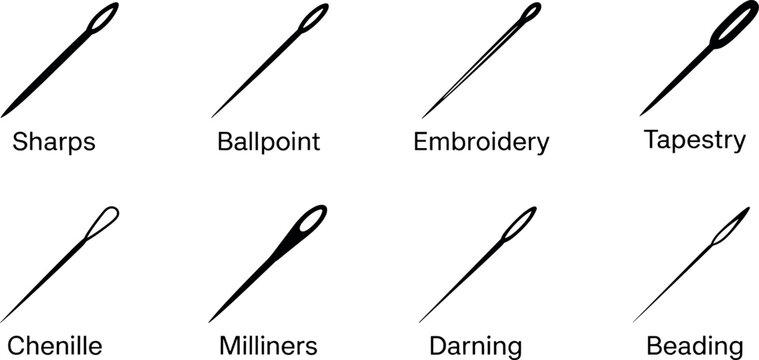 Professional sewing needle vector icon set including sharps ballpoint embroidery tapestry chenille milliners darning and beading types for tailoring craft projects