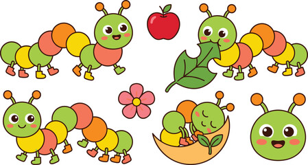 Fototapeta premium Cute Caterpillar Character Vector Set with Happy Insect Mascot Poses Eating Leaf Sleeping on Moon Apple and Flower for Kids Education Designs