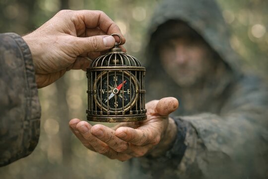 A person holding a bird cage with a clock inside, likely used for timekeeping or decorative purposes