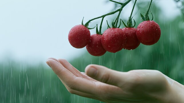 Ripe red tomatoes drip water into an open hand during rainfall