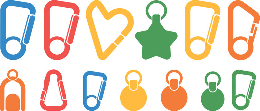 Colorful carabiner vector icon set featuring climbing hooks heart star shapes and keychain attachments for outdoor adventure travel and mountaineering equipment designs