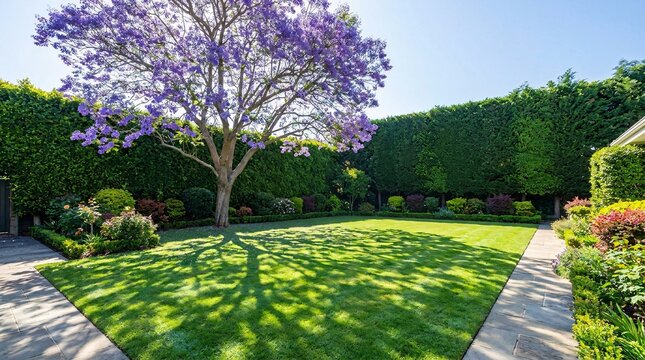 Beautiful residential backyard showcases a perfectly manicured green lawn, dense privacy hedges, and a striking purple jacaranda tree.
