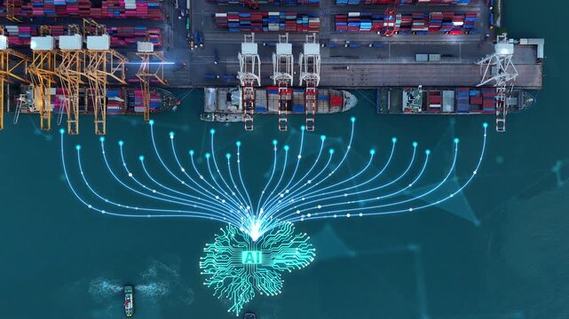 Glowing digital data logistics cargo AI management networks overlaid on a commercial cargo container ship port. artificial intelligence supply chain, and future shipping tech. Smart maritime logistics