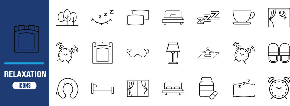 Sleep and relaxation routine icons. bed icon set, alarm clock icon set, pillow icon set