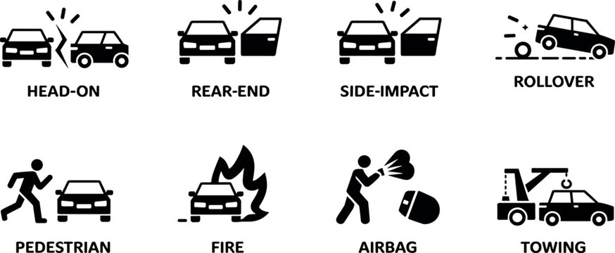 Car accident and emergency icon set featuring head on rear end side impact rollover pedestrian fire airbag and towing scenarios for insurance and safety