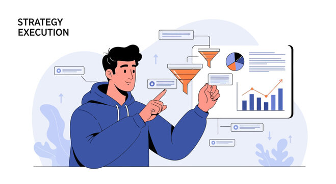 Man executing business strategy with funnel and data analysis chart.