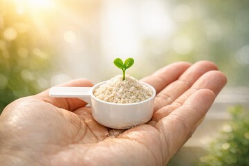 Fototapeta premium A person holding a small bowl of rice with a sprout, perfect for food or agriculture illustrations