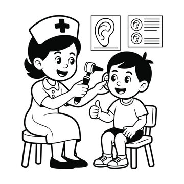 Nurse checking boys ear in black white.