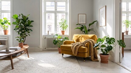 Fototapeta premium Bright Scandinavian living room features a plush mustard yellow armchair on a textured cream rug, surrounded by thriving indoor plants.
