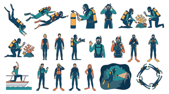 Large set of 30 flat vector illustrations featuring scuba diving equipment such as masks, snorkels, fins, oxygen tanks, wetsuits, and underwater navigation tools on white background.