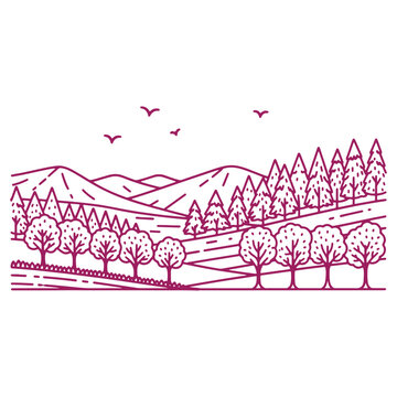 Purple landscape illustration featuring rolling hills trees and birds flying in the sky