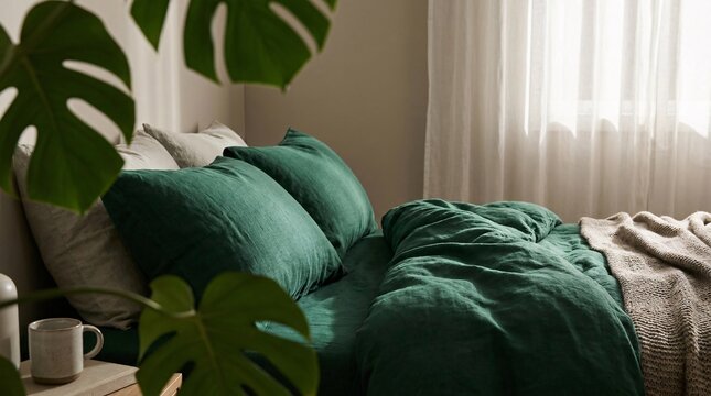 Cozy bed features luxurious deep emerald green linen sheets and plump pillows, with blurred indoor plant leaves visible in the foreground.