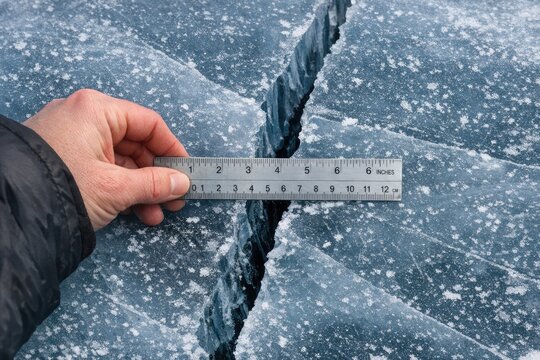 A person holding a ruler over a crack in the ice, possibly checking for structural integrity or measuring the extent of the damage