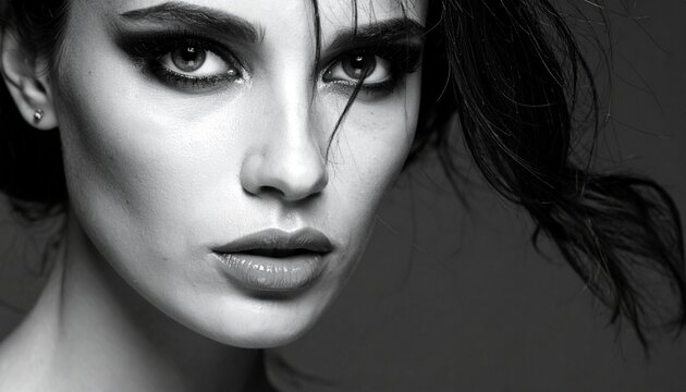Dramatic Black and White Portrait of a Woman with Intense Eyes.