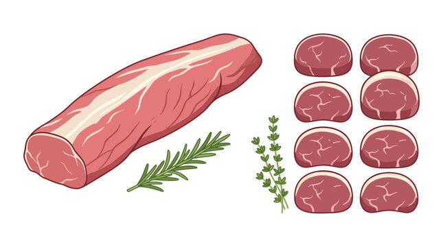 Raw Pork Tenderloin and Sliced Medallions with Herbs Vector Illustration