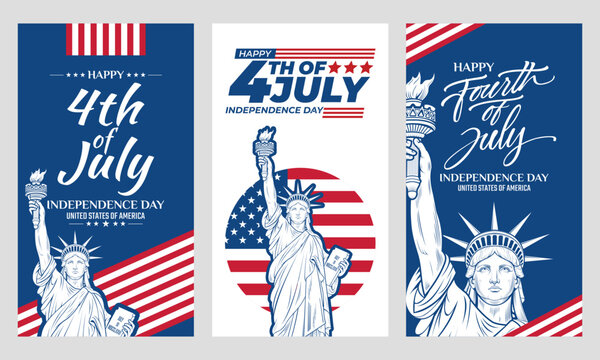 4th of July Social Media Banner with Blue Background American Flag Stripes and Statue of Liberty Vector