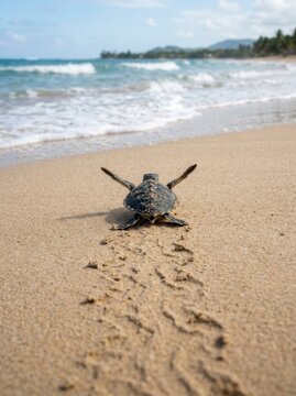 Baby sea turtle crawling on sandy beach, ocean waves