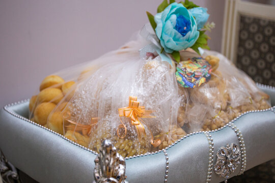 Traditional Central Asian wedding gift basket filled with national sweets
