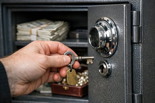 A person holds a key in front of a secure safe, with potential for use as a symbol of access or secrecy