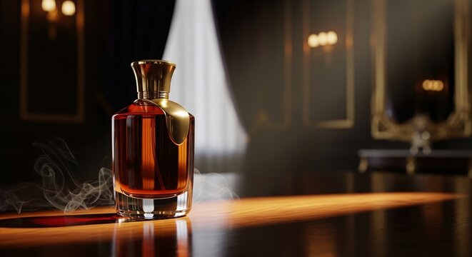 Elegant amber perfume bottle illuminated with warm lighting suitable for luxury fragrance promotion and cosmetic branding presentation.