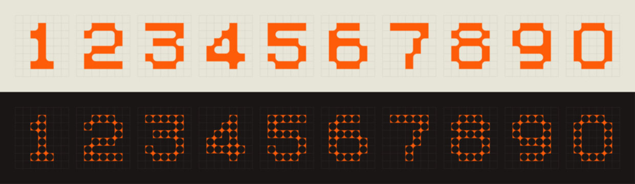 Futuristic retro-inspired numbers with modular geometric shapes. The typography blends pixel and circle-like structure connected to each other on grid. Design for digital art, branding or typography