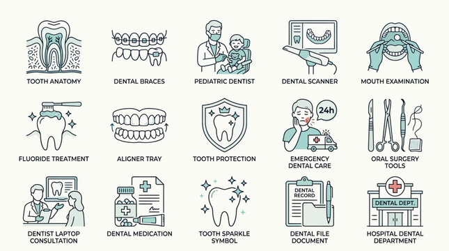 A comprehensive set of dental care icons illustrating various aspects of oral health, treatments, tools, and professional services.