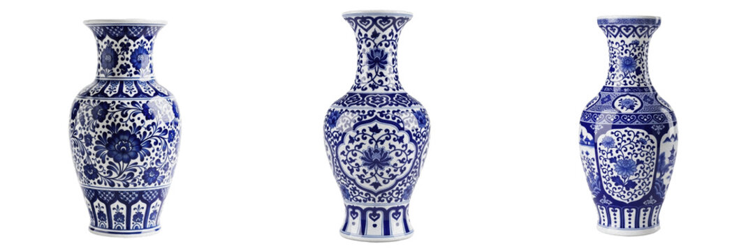 Traditional PNG set of an elegant blue and white porcelain vase with oriental floral patterns isolated on white background for antique home decor