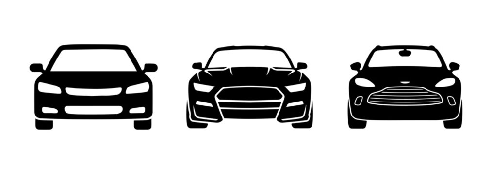 Car Front View Silhouette Icons ,Compact, Sports, and Luxury Car Profiles in Black Vector Style