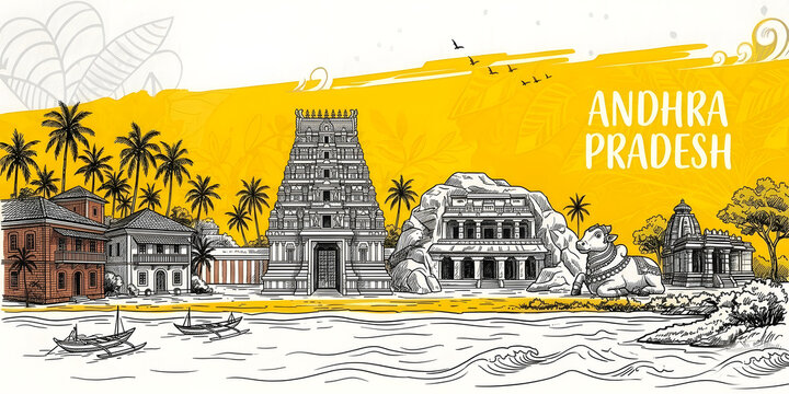 Andhra Pradesh Cultural Heritage Illustration: Artistic Sketch of Tirupati Temple Gopuram, Undavalli Caves, Lepakshi Nandi Bull, and Coastal Palms with Yellow Watercolor Splash for Graphic Wall decor