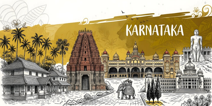 Karnataka Cultural Heritage Illustration: Artistic Sketch of Hampi Virupaksha Temple, Mysore Palace, Gommateshwara Statue, and Vidhana Soudha with Warm Ochre Watercolor Splash for Graphic Wall Decor.