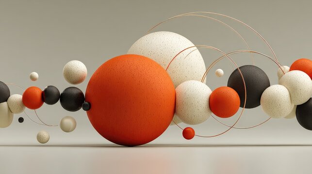 Abstract molecular spheres in minimalist composition with metallic and glass elements on neutral background