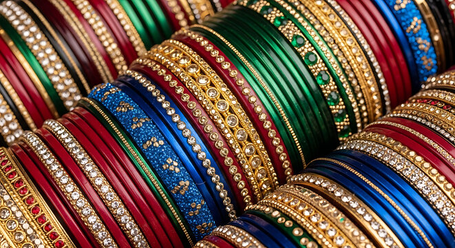 Close up of colorful bangles with intricate details showcasing craftsmanship