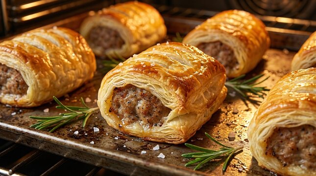 Freshly baked golden-brown sausage rolls with flaky puff pastry and savory seasoned meat rest on a dark metal baking sheet with rosemary.