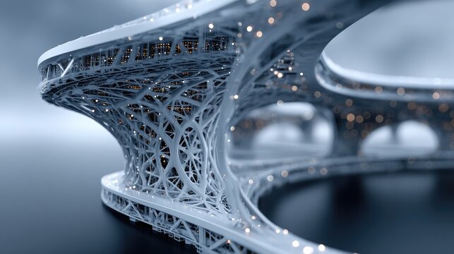 Digital twin 3D wireframe model of industrial structure in futuristic blue lighting