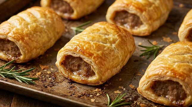 Freshly baked golden-brown sausage rolls with flaky puff pastry and savory seasoned meat rest on a dark metal baking sheet with rosemary.